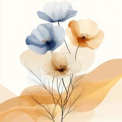 Abstract floral background with blue and yellow poppies.