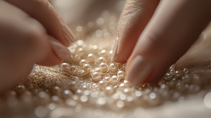 Hands delicately embellishing fabric with pearls, focusing on the intricate detail and craftsmanship involved.