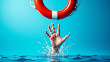 Desperate reach for safety hand emerging from water towards life preserver