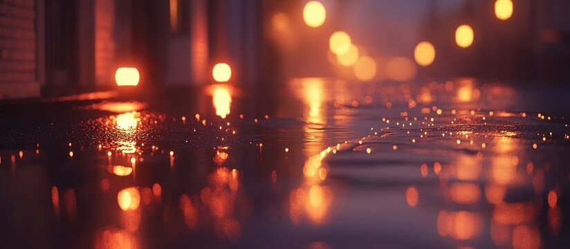 Rainy night street, city lights reflections, urban background, mood setting