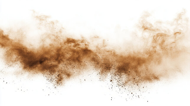 Sand dust cloud. Dirt desert smoke wind effect. Sandstorm powder splash. Isolated brown flying particle texture. 3d realistic smog explosion. Abstract grain spray splatter with glitter overlay.