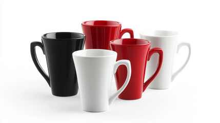 Coffee mug mockup collection in classic colors - white, deep black and vibrant red ceramic cups. Sleek conical shape drinkware for brand presentations, promotional designs and logo visualization.