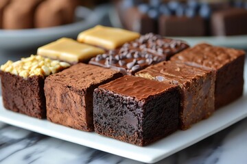 Delicious chocolate brownie selection displayed on white plate