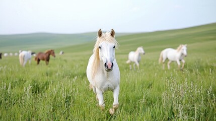 Obraz premium White Horses Running in Green Meadow