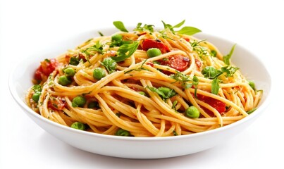 Spaghetti with peas, tomatoes, herbs in white bowl on white