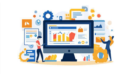 SEO agency banner. Service for promotion and advertising company in social media and web. Vector landing page of search engine optimization of content with isometric people, laptops and megaphone