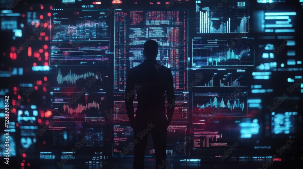 Poster Human silhouette analyzing futuristic data visualizations and AI graphs with vibrant colors and advanced charts in a digital space. Generative AI