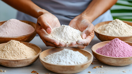 Fototapeta premium A person gently holds a handful of fine white powder above wooden bowls filled with various powdered ingredients. A minimalistic and organic display of natural textures. Selective focus