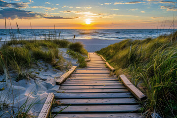 H&ouml;lzerner Weg durch D&uuml;nen und Str&auml;ucher zum Strand mit Blick aufs Meer &ndash; Natur, Strand, K&uuml;stenlandschaft, Wanderung, Ruhe, Erholung, Outdoor, Meerblick, Sommer