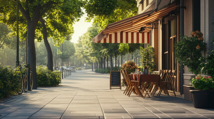Outdoor cafe booth with table on street scene cartoon illustration. Outside restaurant in park and urban landscape. Cafeteria business with coffee and striped canopy exterior. Lounge area to drink and