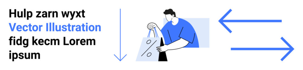 Man holding polka-dot shopping bag while surrounded by blue directional arrows and placeholder text. Ideal for advertising, delivery services, logistics, shopping apps, user instructions, retail