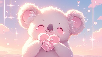 Obraz premium A cute koala holding a pink heart, surrounded by a dreamy pastel background.