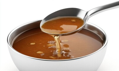 Spoon pouring brown gravy into a silver bowl on white