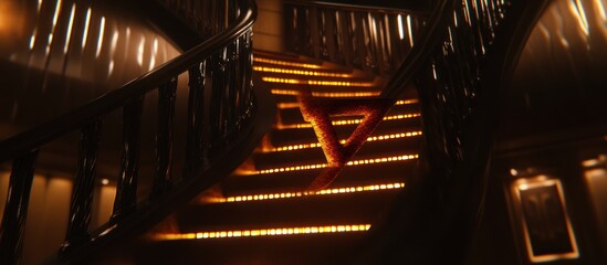 Naklejka premium Illuminated staircase in mansion; mysterious background. Interior design concept