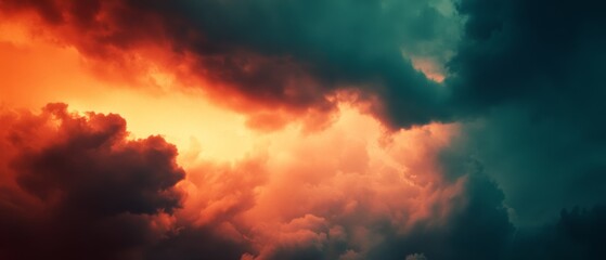 Dramatic clouds swirl with vibrant hues of fiery orange and deep teal, capturing the sky's ever-changing emotion.