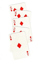 A poker hand of playing cards arranged vertically on a white background.