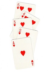 A poker hand of playing cards arranged vertically on a white background.