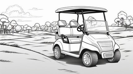 Black and white golf cart illustration on path. Neural network AI generated