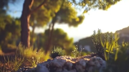 Sunset forest plants rock nature scenic landscape wallpaper