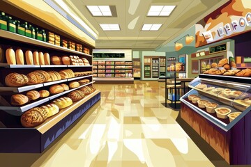 Fototapeta premium Cozy Bakery Interior with Fresh Bread and Pastries Displayed