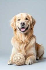 Happy Golden Retriever Dog Posing with Ball of Twine on Gray Background