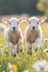 Fototapeta premium Two lambs running in a meadow of daisies and dandelions