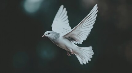 Fototapeta premium White dove in flight, nature background, peace symbol, spiritual imagery