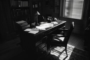 Detective workplace with vintage monochrome colors of light. Neural network ai generated