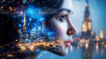 Woman merges with vibrant city skyline in dreamy artistic image