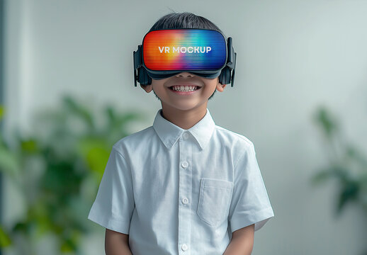 VR Headset Mockup on Smiling Child &ndash; Realistic Front View Scene for Virtual Reality Gaming, Educational Tech, or Futuristic Entertainment Concepts
