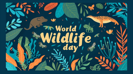 A vibrant and eye-catching poster celebrating world wildlife day, showcasing a diverse array of animals in their natural habitats, highlighting the beauty of biodiversity and nature.