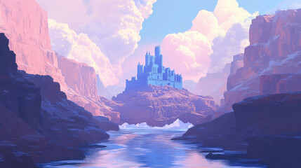 Magic blue castle on rock flying above river in canyon. Vector cartoon fantasy illustration of mountain landscape with water stream in gorge and royal palace with clouds around towers