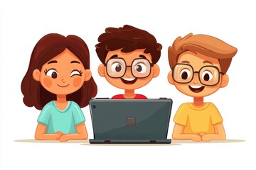 Happy kids using laptop online learning teamwork technology education children