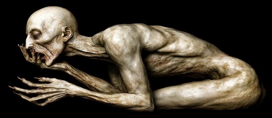 Obraz premium Emaciated figure, dark background, horror art
