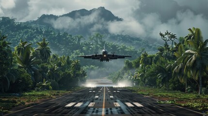 Aerial view of a military airbase located on an island in the Pacific Ocean.