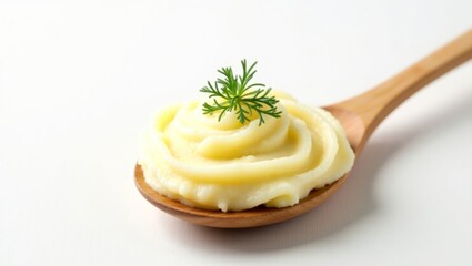 Creamy mashed potatoes in a wooden spoon