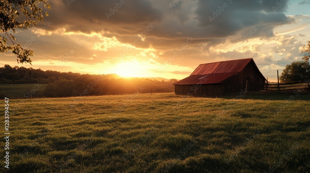 Poster Sunset view over a rural field with a rustic barn in the foreground and vibrant clouds illuminating the sky. Generative AI