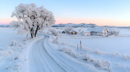 Obraz premium Snowy road curving past frosty farmhouse at dawn