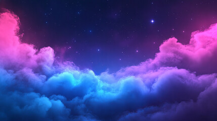 Neon light frame in cloud of smoke on black background. Vector realistic illustration of rectangle pink and blue border, transparent haze, stars sparkling in night sky, nightclub stage decoration