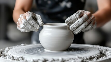Skilled artisan shaping clay on a pottery wheel, creating a delicate ceramic pot with focused hands and artistic precision in a creative studio environment