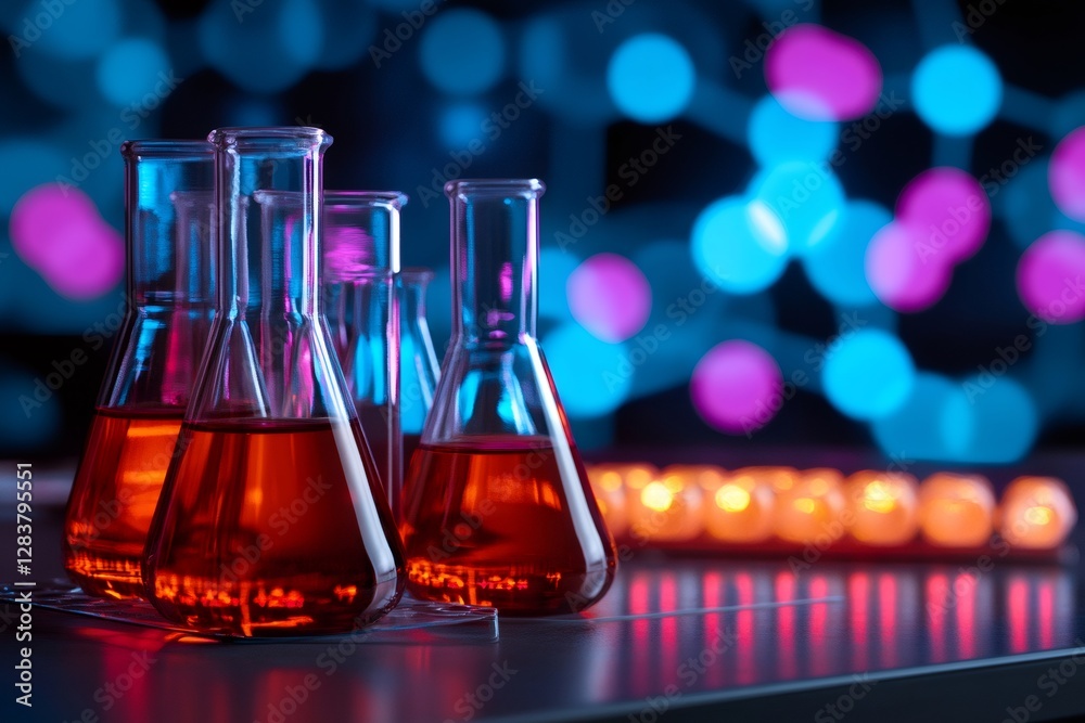 Poster Laboratory flasks containing orange chemical substance with bokeh effect background