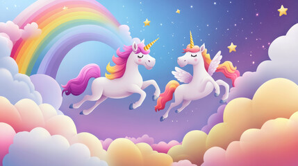 Fototapeta premium Cute unicorns in sky with rainbows, clouds and stars. Magic animals, fairy pony characters in sky. Fantasy wonderland with beautiful unicorns, vector cartoon illustration