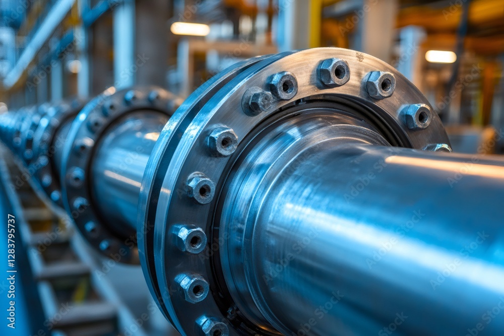 Poster industrial pipeline system showing flanges and bolts in a processing plant