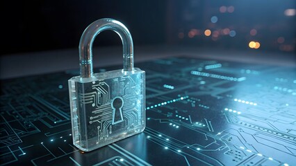 High-tech padlock made of clear glass featuring glowing circuitry, symbolizing security and innovation