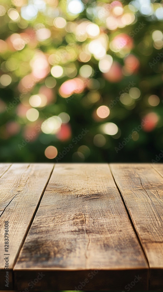 Poster an empty wooden table beckons in a serene garden setting. sunlight filters through vibrant floral hu