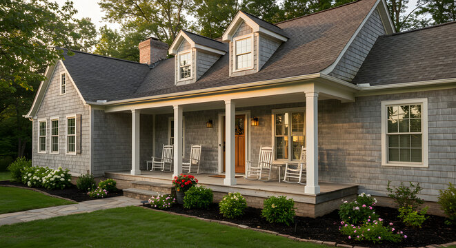 Inviting Cape Cod Style House with Covered Porch and Rocking Chairs