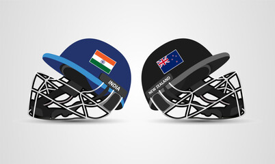 India vs New Zealand Cricket batting helmet with protective grill isolated on white background, vector illustration