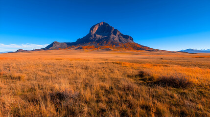 Autumnal mountain vista, grassland plains, clear sky, travel poster