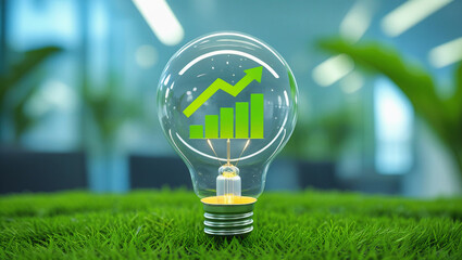 Transparent bulb with a success chart inside represents the idea of renewable energy driving financial growth. Placed on vibrant grass, with a softly blurred background highlighting sustainability.