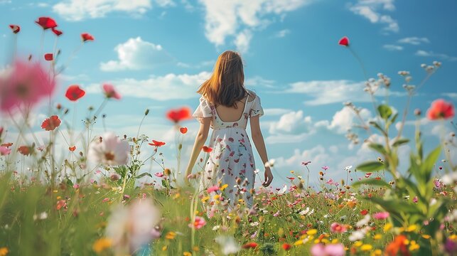 A young woman walking through a field of wildflower blossoms, enjoying the fresh air and warmth of spring